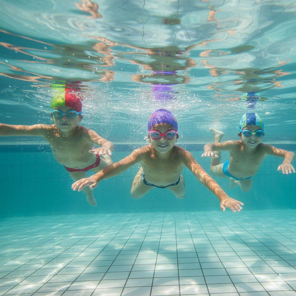 Happy kids swimming underwater with goggles