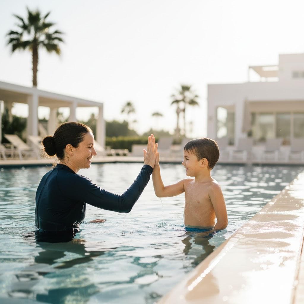 Swim coach high-fiving a young swimmer in the pool