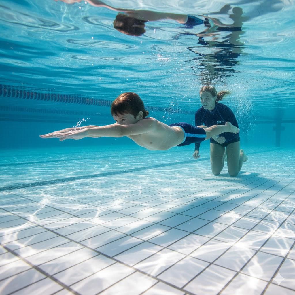 Swim coach helping a young swimmer with water safety